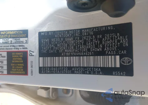 2017 Toyota Camry Se from USA, damaged, VIN 4T1BF1FK4HU646261